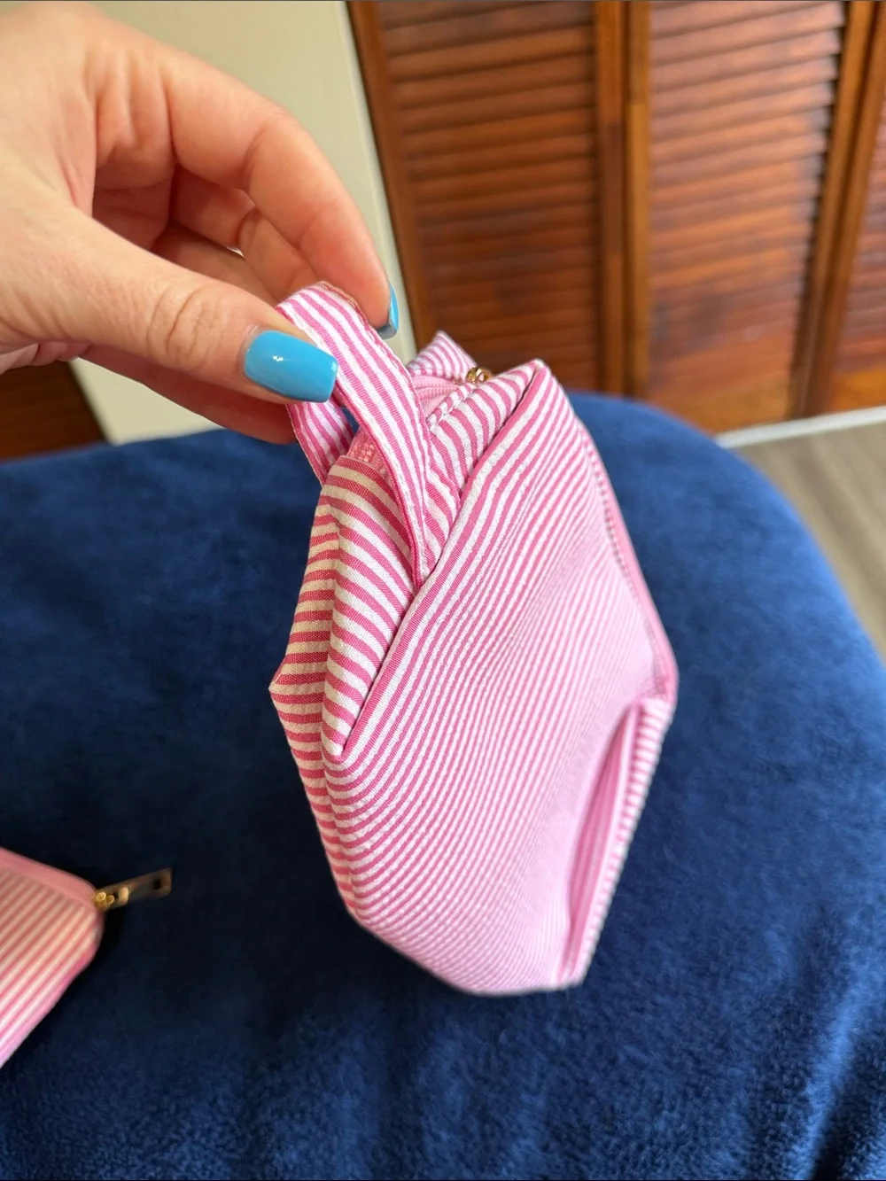 Pink and White Striped Cosmetic Pouch Duo with Gold 'T' Accent